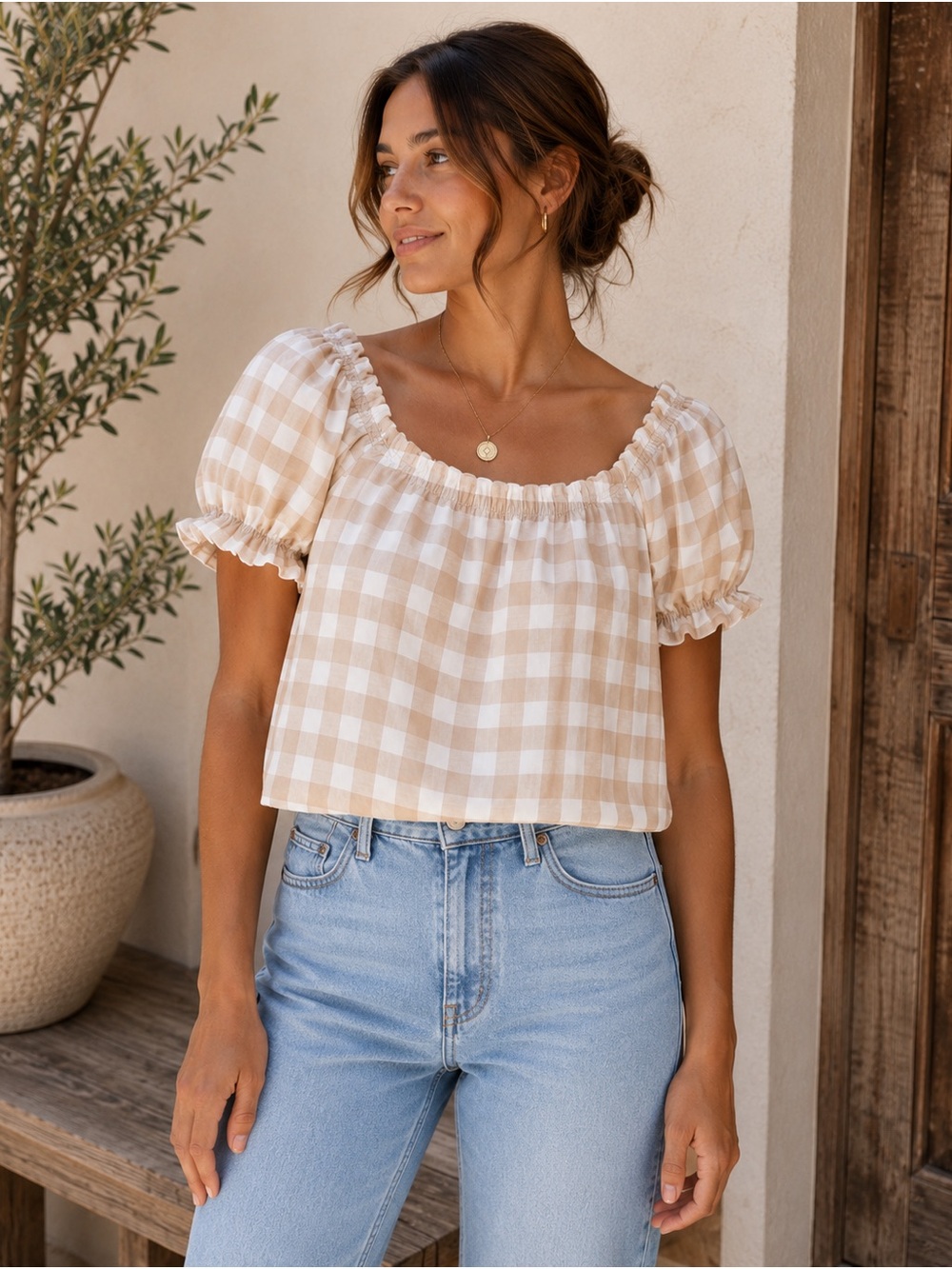English Factory Gingham Puff Sleeve Cottagecore lined Peasant Crop Top Small